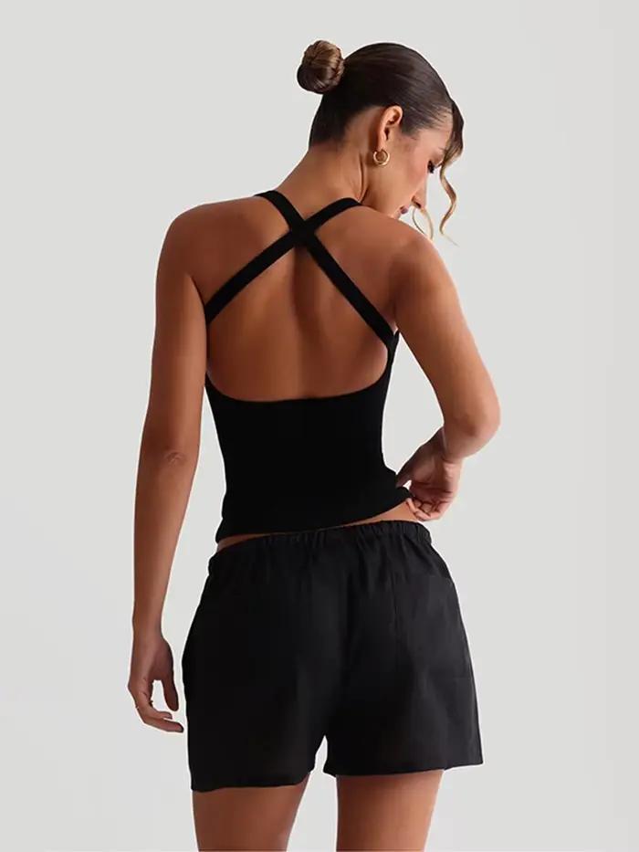 Débardeur côtelé décontracté pour femme col bas bretelles croisées slim dos nu nombril exposé style de rue hauts classiques été sorties nocturnes