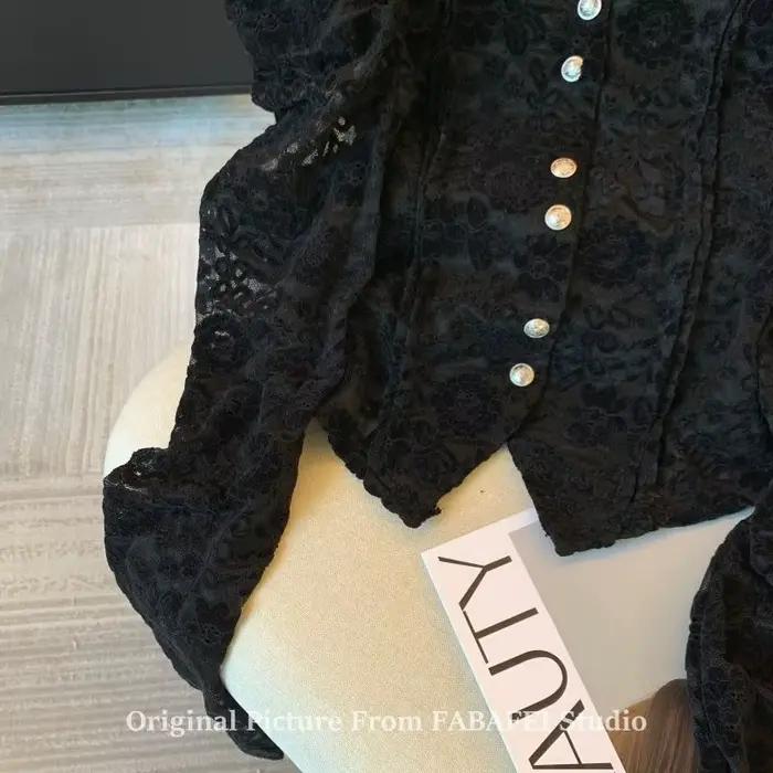Chemisier femme chemises et chemisiers dentelle crocheté manches à bulles chemise