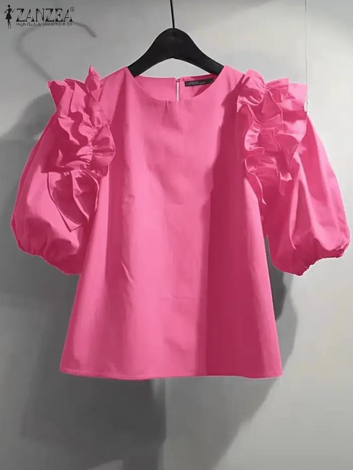 Haut pour femme ZANZEA 2025 été Blouse mode coréenne bouffée à manches courtes Vintage à volants Patchwork tunique