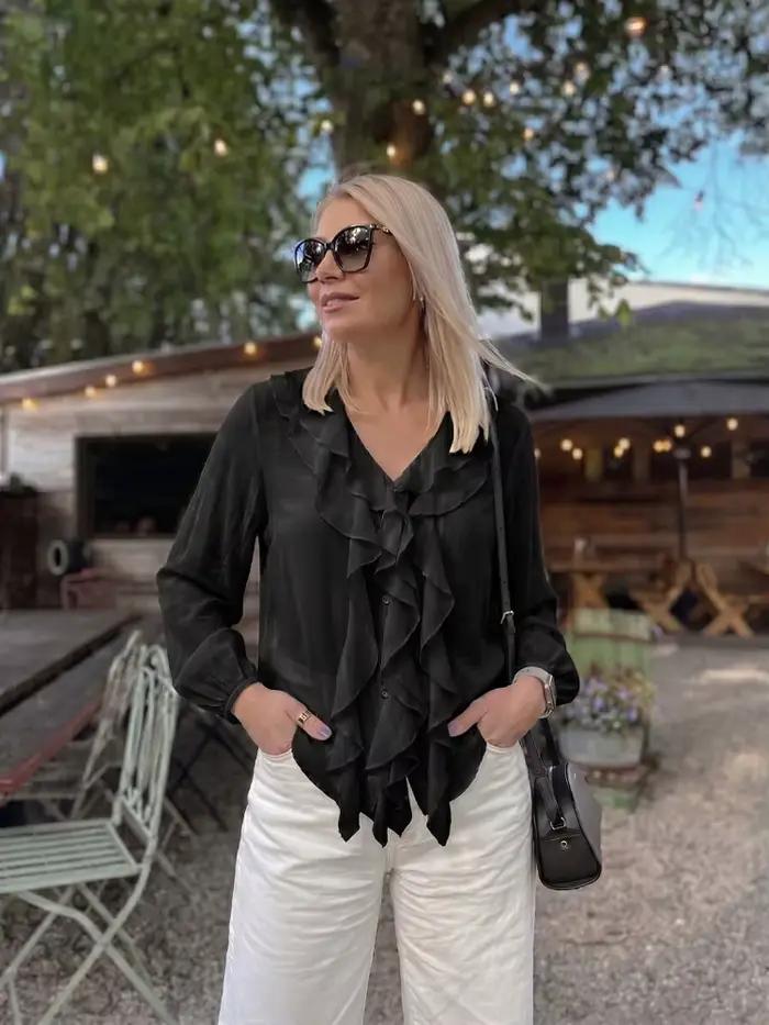 Chemisier élégant et décontracté en polyester pour femmes, col en V à volants, manches bouffantes, pour printemps et été, occassions spéciales et plage