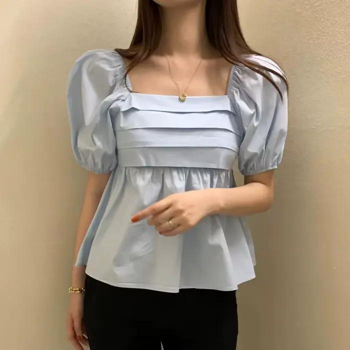 Chemisier Blanc Élégant à Col Carré et Manches Bouffantes Haut Décontracté et Mignon à Manches Courtes pour Femme Occasions Spéciales
