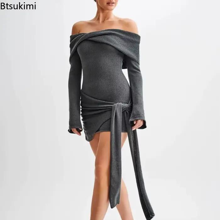 Robe Pull Tricotée 2026 Femme Mini Robe Tendance Lacets Epaulés Polyester Elasthanne Occasions Spéciales