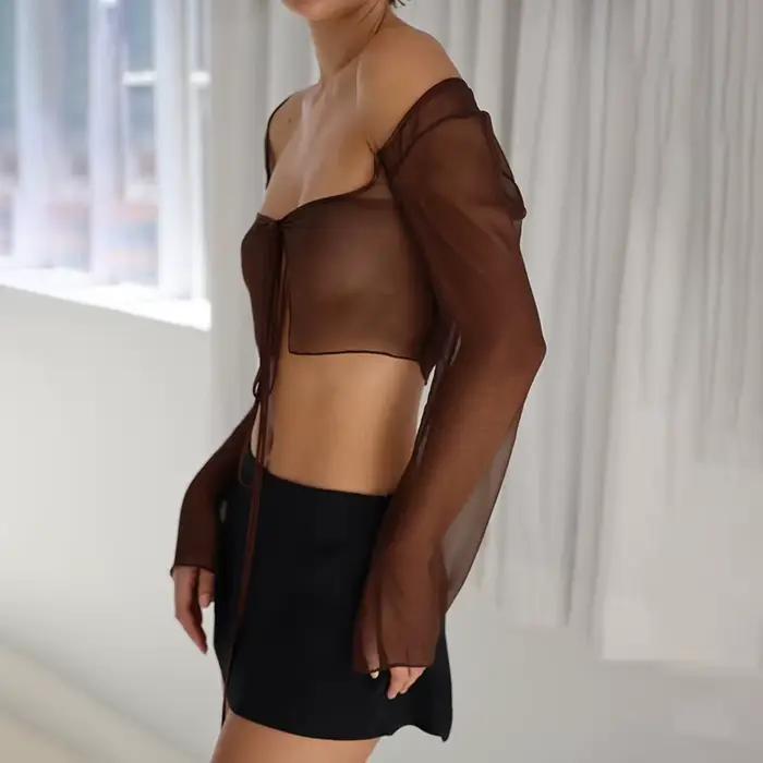 T-shirt à manches longues transparent pour femme
