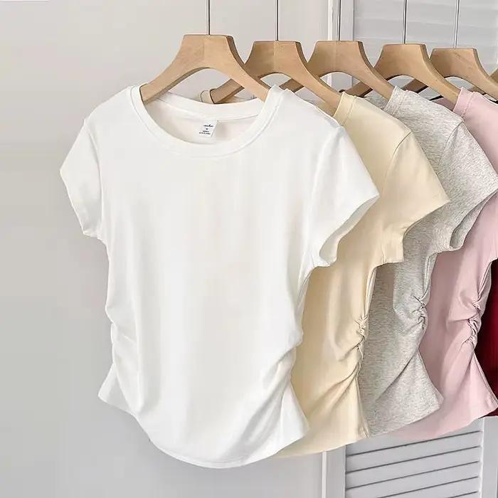 T-shirt blanc en coton et polyester pour femme, ajusté, décontracté, avec fronces, idéal pour les sports et les occasions spéciales