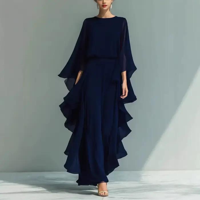 Ensemble haut en mousseline bleu marine et pantalon droit évasé pour femme 2026 avec détail volanté