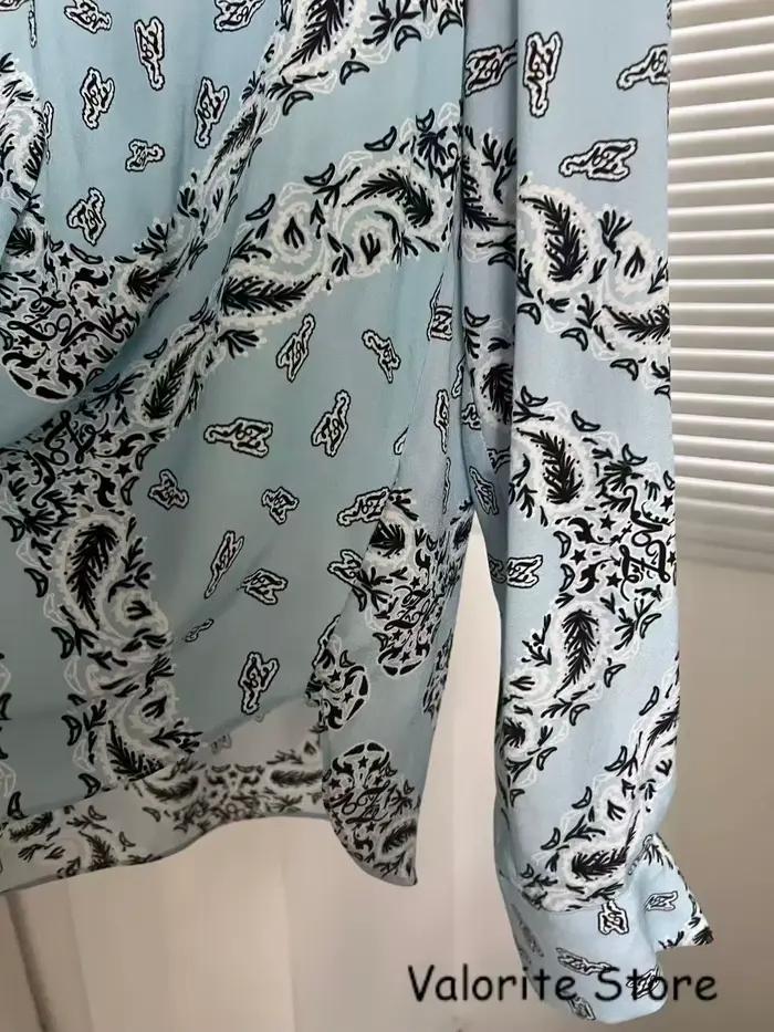 Chemisier Femme Bleu Imprimé Col V Manches Longues 2026ss NOUVEAU Hauts Chemises Haute Qualité