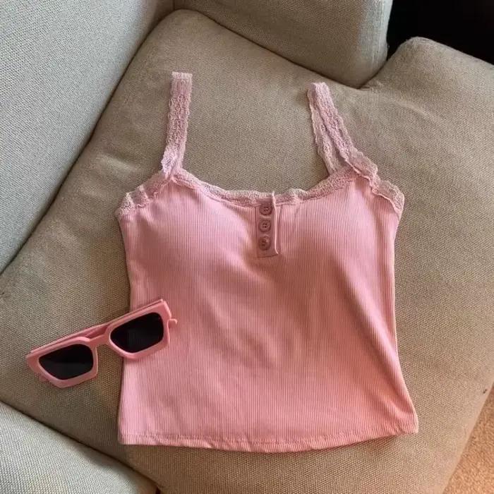 Été haut court dentelle débardeur femmes recadrée mignon Camis