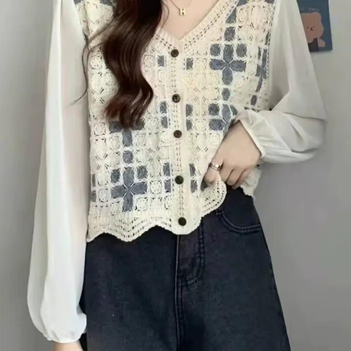 Chemisier au crochet polyester fairycore pour femmes adolescentes printemps été tenue cottagecore plis géométriques mousseline de soie