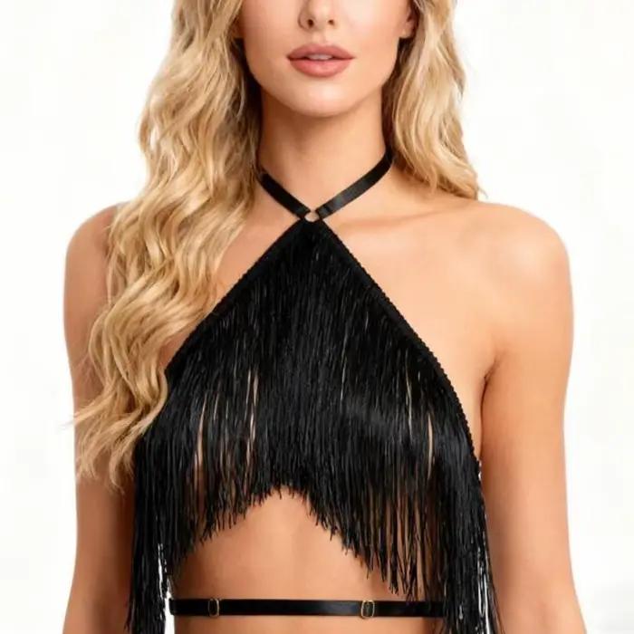 UYEE Haut licou noir pour femme avec détail de pompon Harnais élastique réglable Ceinture décontractée pour toutes saisons