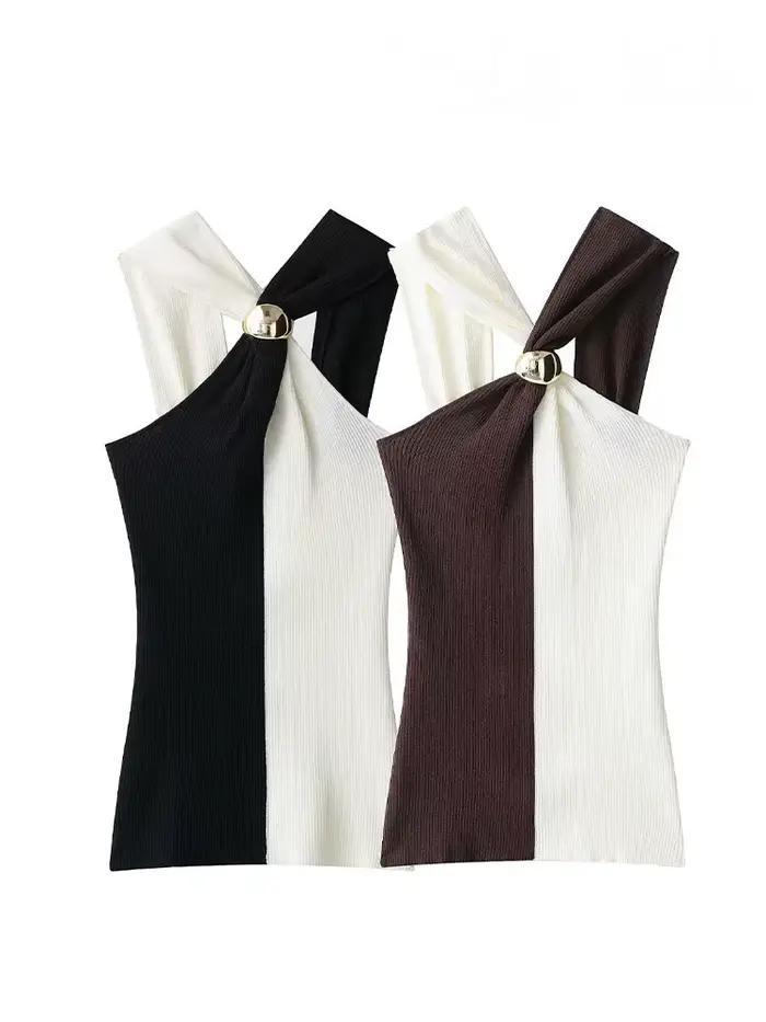HH femmes été nouvelle mode Chic tricoté hauts col suspendu sans manches dos nu femme Sexy mince