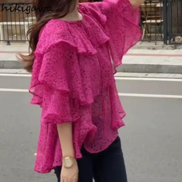 Chemisier en mousseline de soie léopard avec volants pour femmes junior été mode bureau casual occassions spéciales