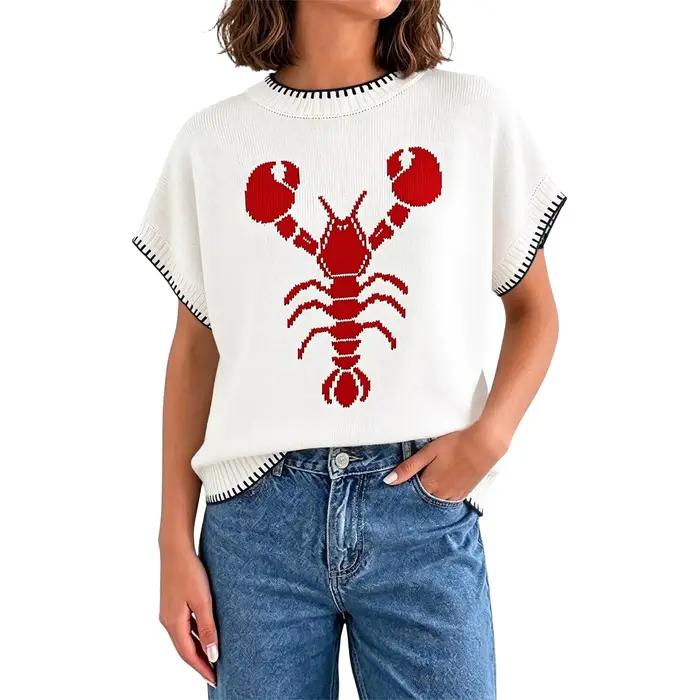 Pull-over décontracté ample pour femme, col rond, manches courtes, motif jacquard homard, bordure à points contrastants