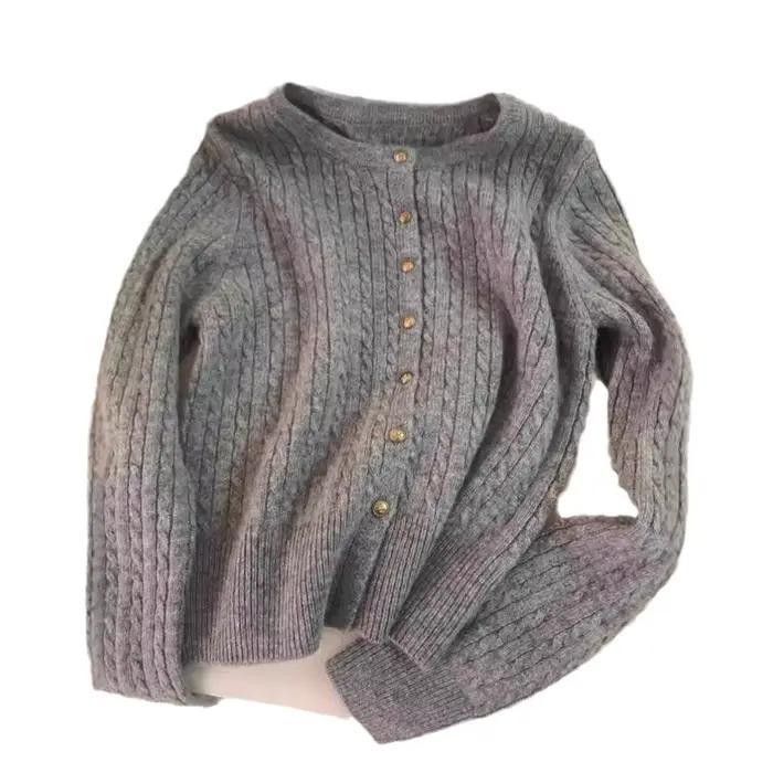 Cardigan ouvert en laine torsadée gris pour femme, style décontracté, avec petits boutons dorés, idéal pour l'automne et l'hiver