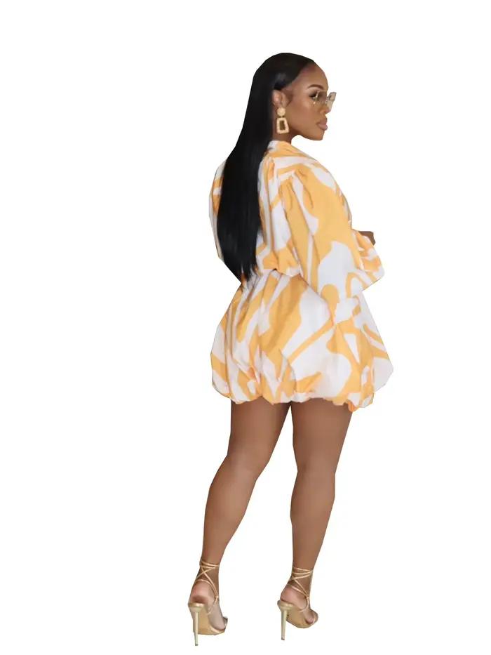 Ensemble jupe et chemise à manches bouffantes pour femmes, style sexy et club, col en V, fermeture éclair, ample et décontracté, pour soirées et journées estivales
