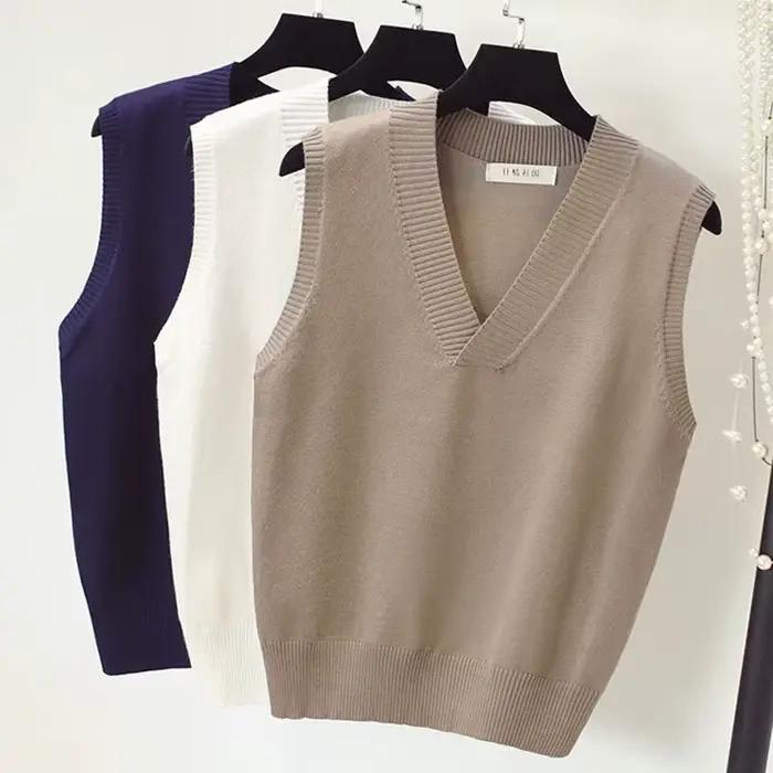 Nouveau Gilet Pull Femme Tricoté Tendance Automne Printemps Couleur Unie Vêtements Jeune Fille Adulte Sans Manches XS-3XL