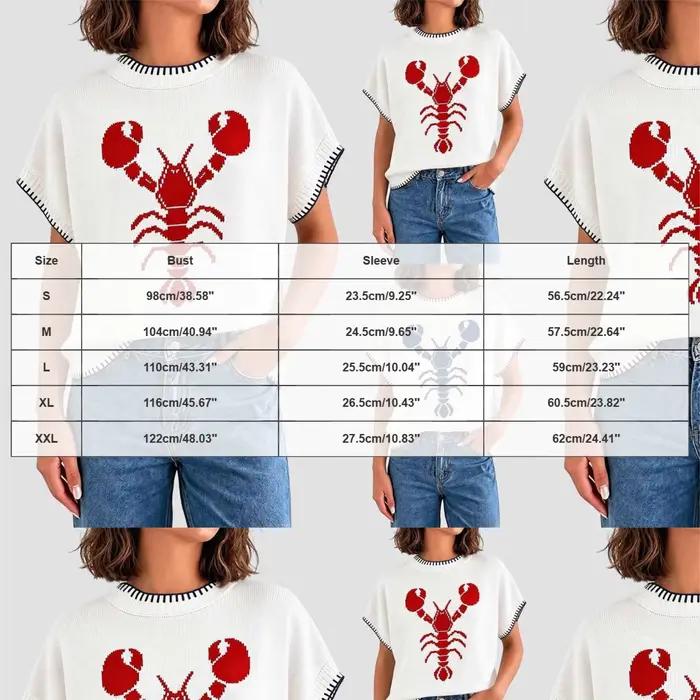 Pull-over décontracté ample pour femme, col rond, manches courtes, motif jacquard homard, bordure à points contrastants
