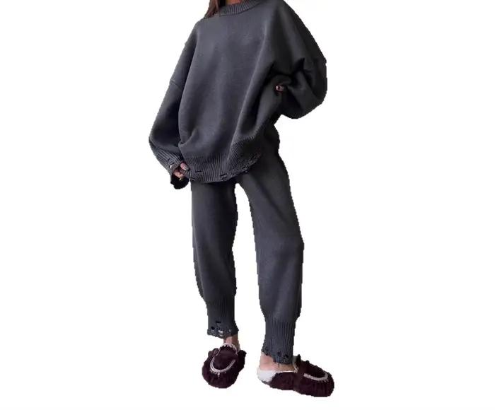 Ensemble pull à trous cassés pour femmes en polyester drap fin, col rond, style bureau, automne-hiver 2025 pour femmes occasions spéciales