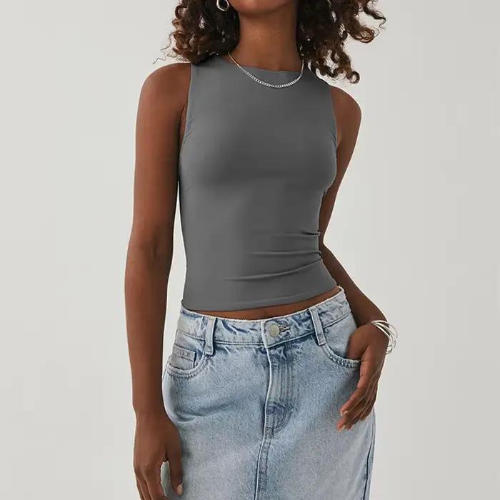 Chemise Reachshore à fond serré sans manches haut uni col rond forme I décontractée pour femme été polyestère satiné confortable occassions spéciales