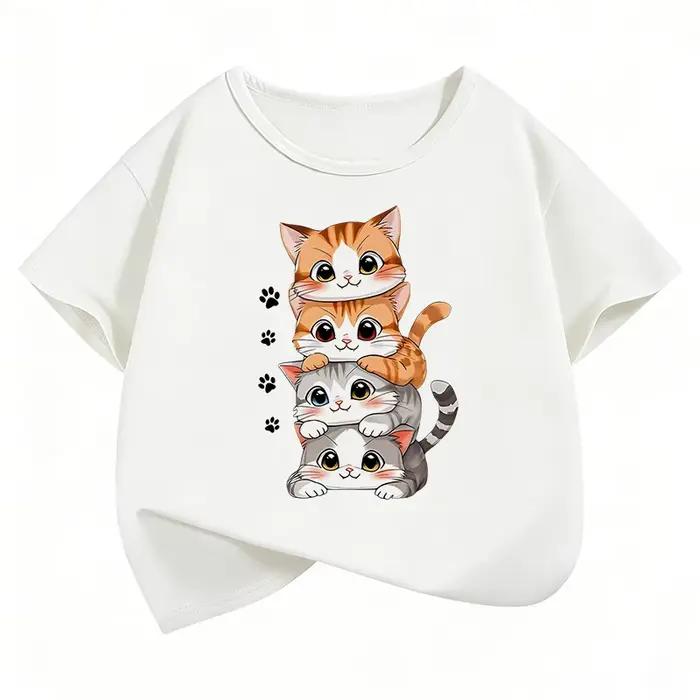 T-shirt en coton pour filles avec motif chaton superposé