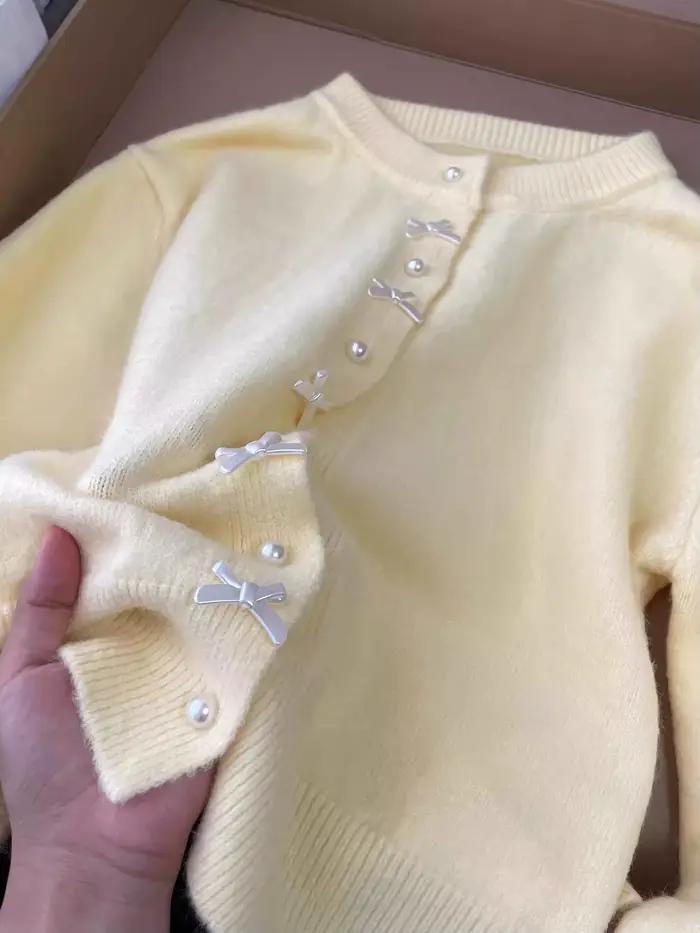 Cardigan jaune en polyester LOKEDIKE avec boutons en perles pour femmes, style doux, col rond et nœud, pour printemps et été