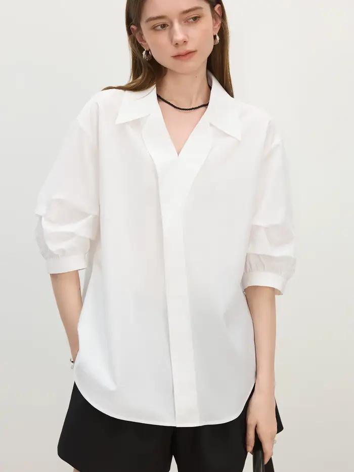 FSLE Style français chemise élégante manches cinq-quarts haut tendance pour les femmes 2025 été nouveau col en v polyvalent décontracté hauts 25FS12536