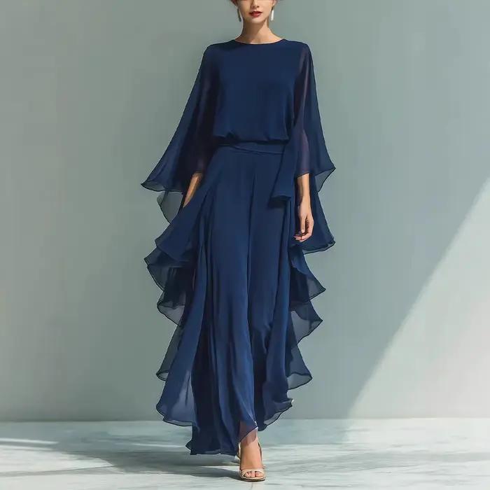Ensemble haut en mousseline bleu marine et pantalon droit évasé pour femme 2026 avec détail volanté