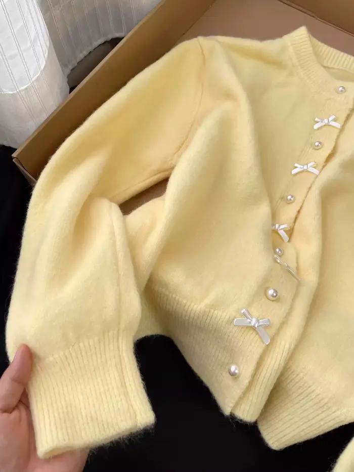 Cardigan jaune en polyester LOKEDIKE avec boutons en perles pour femmes, style doux, col rond et nœud, pour printemps et été