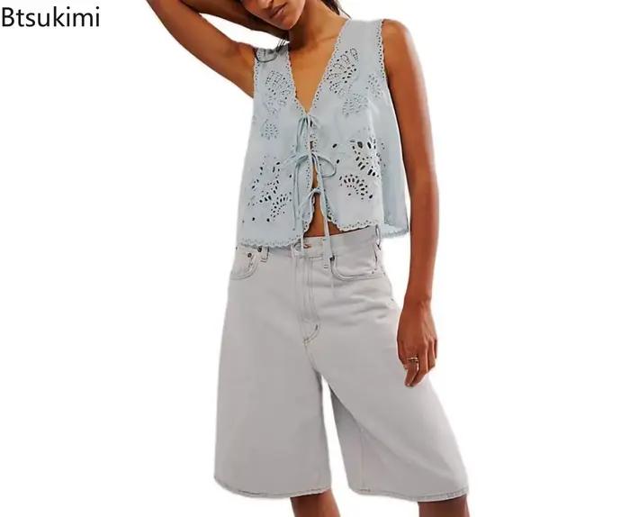 Débardeur brodé à nœud papillon pour femmes, haut court sans manches, col en V, style français, mignon, pour sorties d'été, Y2K