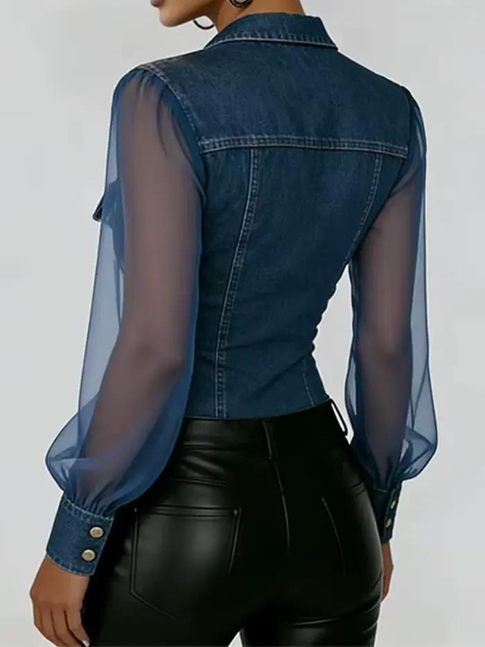 Chemisier vintage en jean et maille transparente pour femme