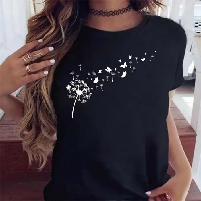 T-shirt à manches courtes pour femme avec imprimé graphique de pissenlit