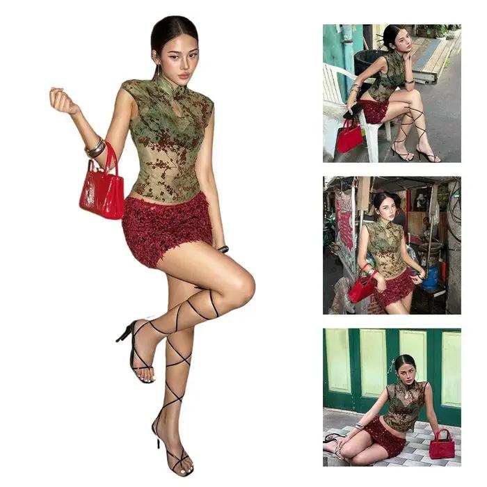 Débardeur sans manches transparent pour femme, coupe ajustée, fleurs de prunier brodées, tissu extensible polyester, été, occasions spéciales, cadeau pour elle