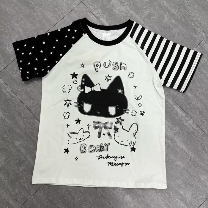 T-shirt à manches courtes imprimé chat mignon style japonais pour femme