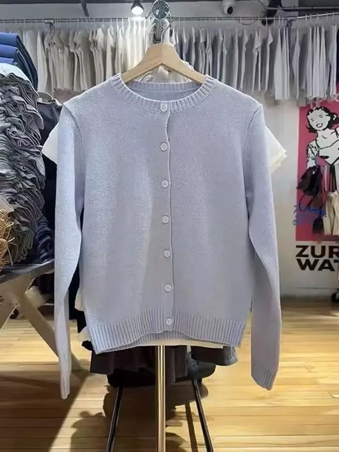 Cardigan tricoté à manches longues pour femmes, bleu vintage, col rond, décontracté, boutonné, manteau doux, style préppy, pull Y2K, hauts de saison automne hiver