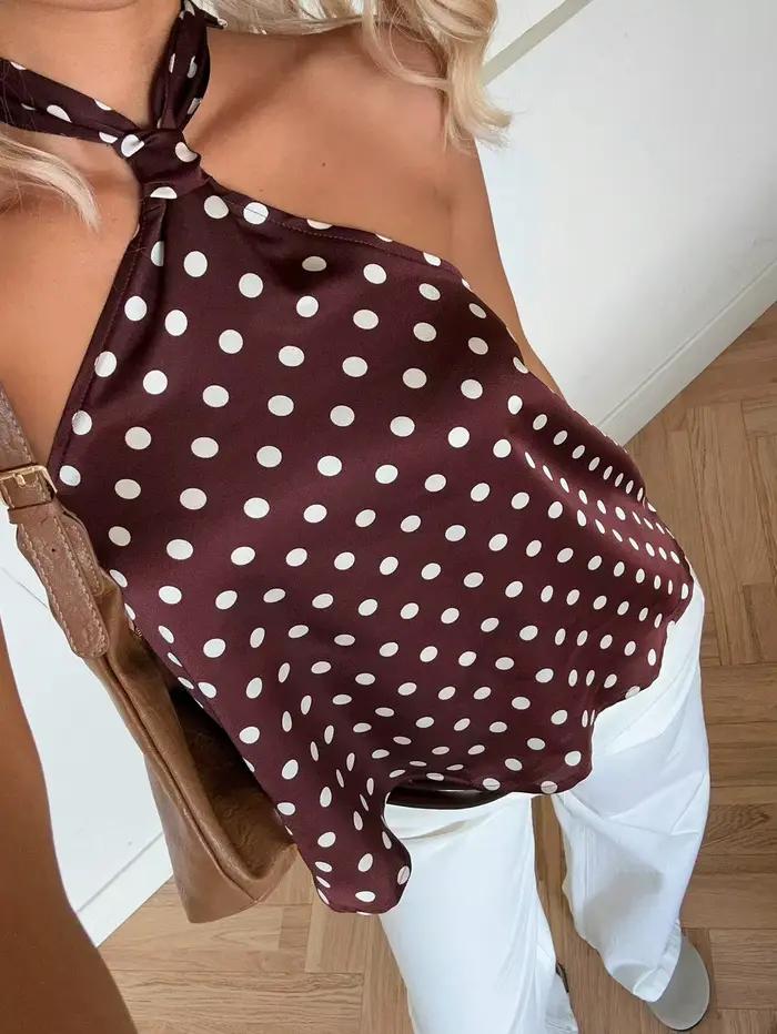 Haut en polyester non extensible à pois licou avec nœud pour femme pour les occasions estivales et printanières