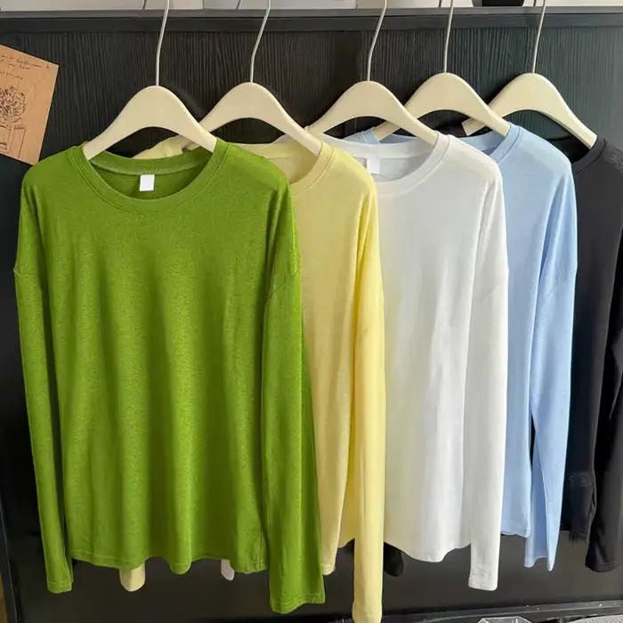 T-shirt à manches longues légèrement transparents pour femmes protection solaire été décontracté polyester ample confortable