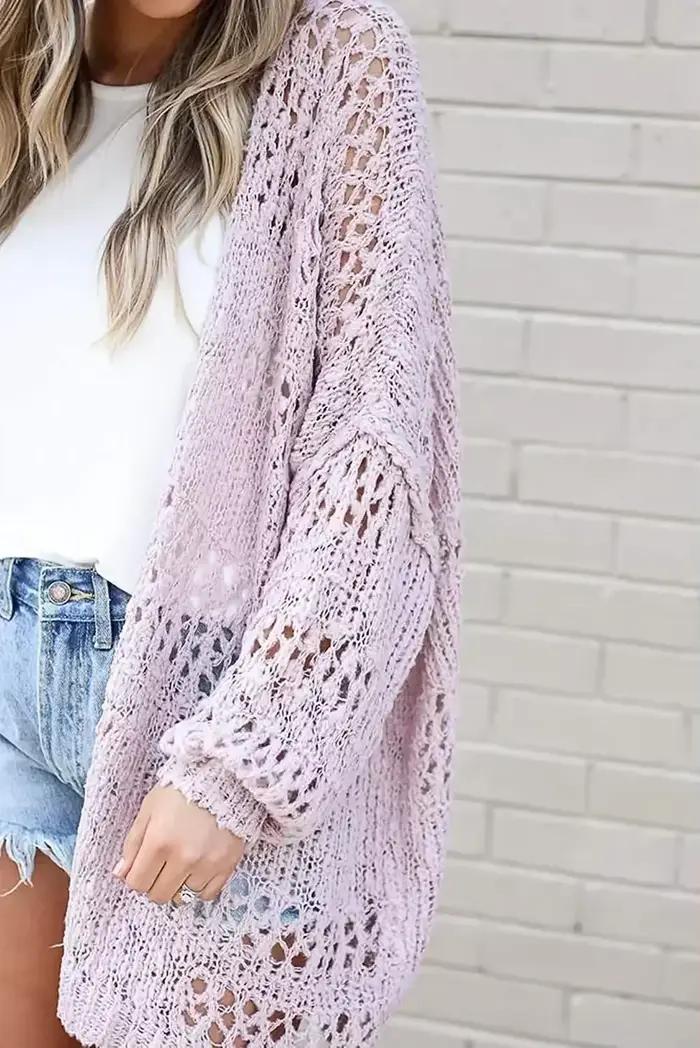 Cardigan Crochet Femme Manches Longues Coupe Ample Décontracté Automne Hiver Occasions Spéciales