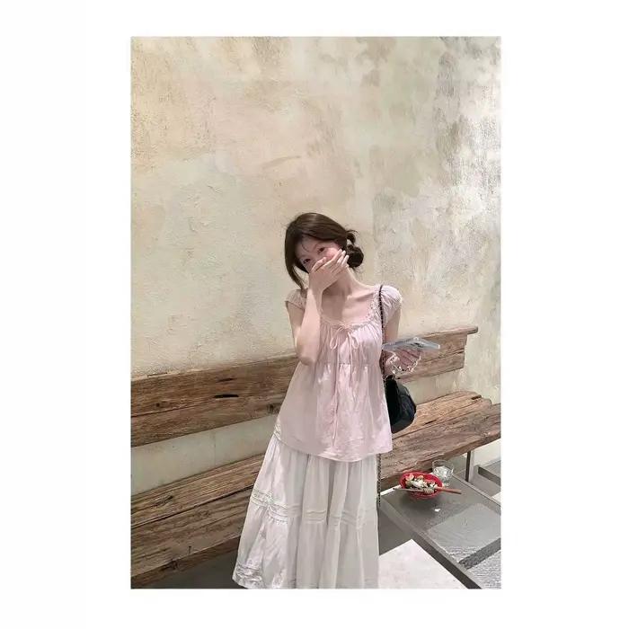 Haut d'été ample rose pour femme à col carré en dentelle à volants