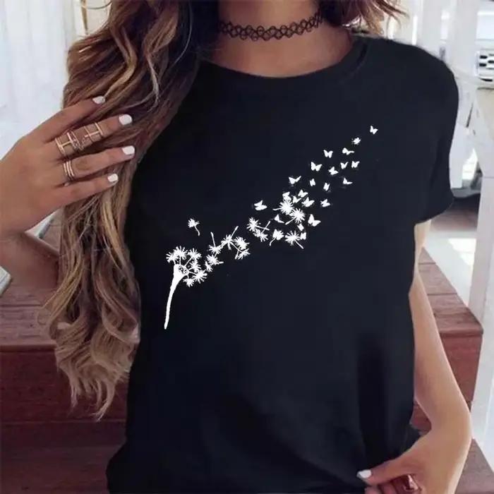 T-shirt à manches courtes pour femme avec imprimé graphique de pissenlit