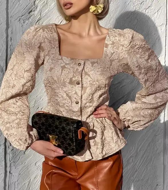Chemisier Jacquard Haute Couture Français 2026 Nouvelle Collection Col Carré Manches Bulles pour Femme – Vêtement Printanier Féminin