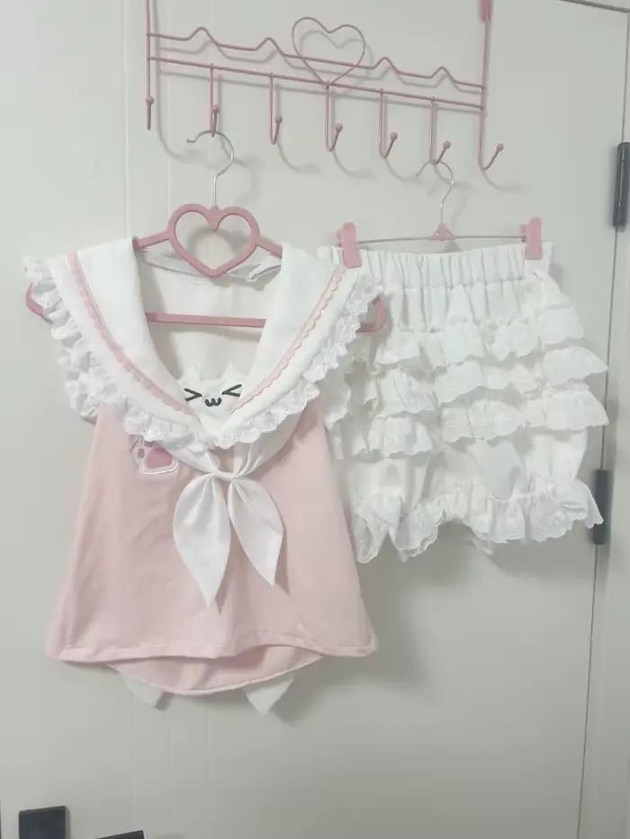 Japonais Kawaii Chat Dessin Animé Mignon Hauts Y2k Esthétique Dentelle Patchwork Mince Récolte T-shirts Grunge