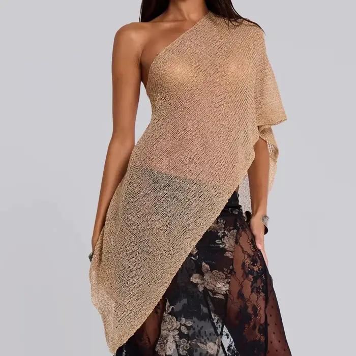 Haut court asymétrique en tricot transparent pour femmes