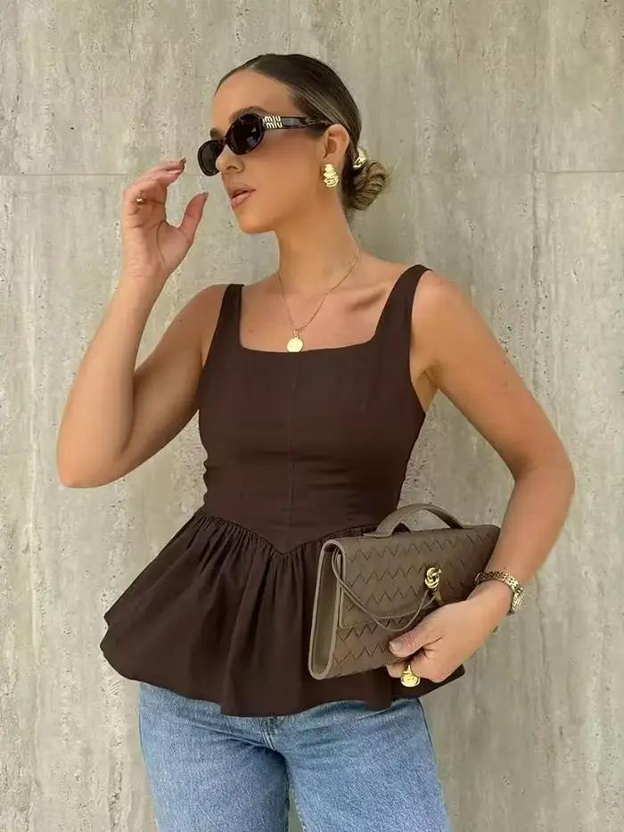 Chicheca Pelpum été haut pour femme 2025 bureau dame marron élégant débardeur sans manches nouveau dans Camis