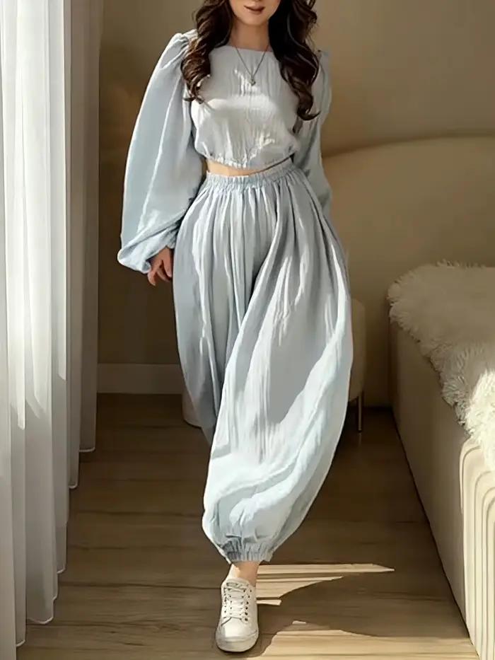Ensemble deux pièces marron haut court et pantalon lantern décontracté pour femme printemps été occasions spéciales