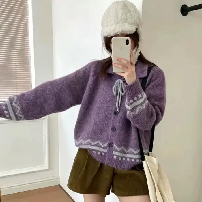 Cardigan en tricot pour femme, style décontracté, nouvelle collection automne-hiver, veste rétro à revers
