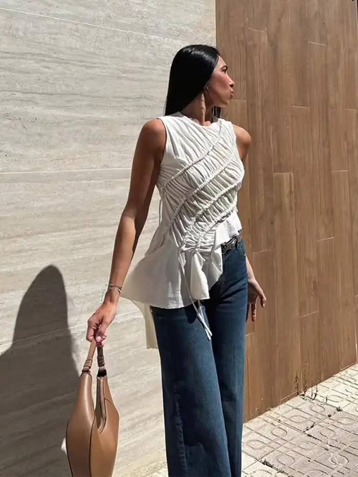 Haut plissé asymétrique à cordon de serrage pour femme