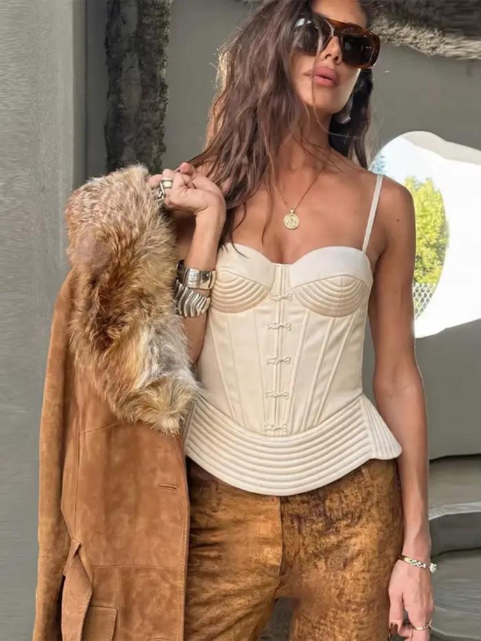 Haut corset en jean à bretelles spaghetti et col carré