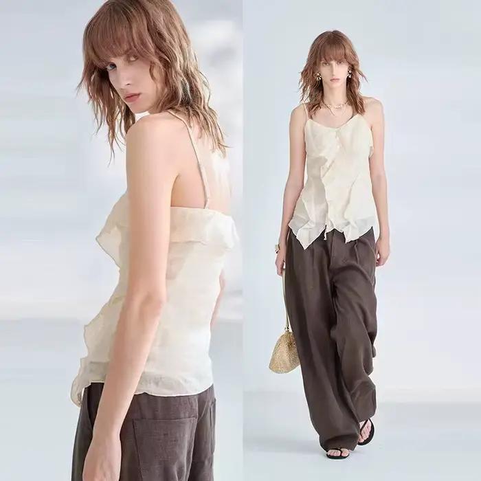 Débardeur Chic 100% Ramie pour Femme avec Volants Asymétriques – Style Décontracté Français