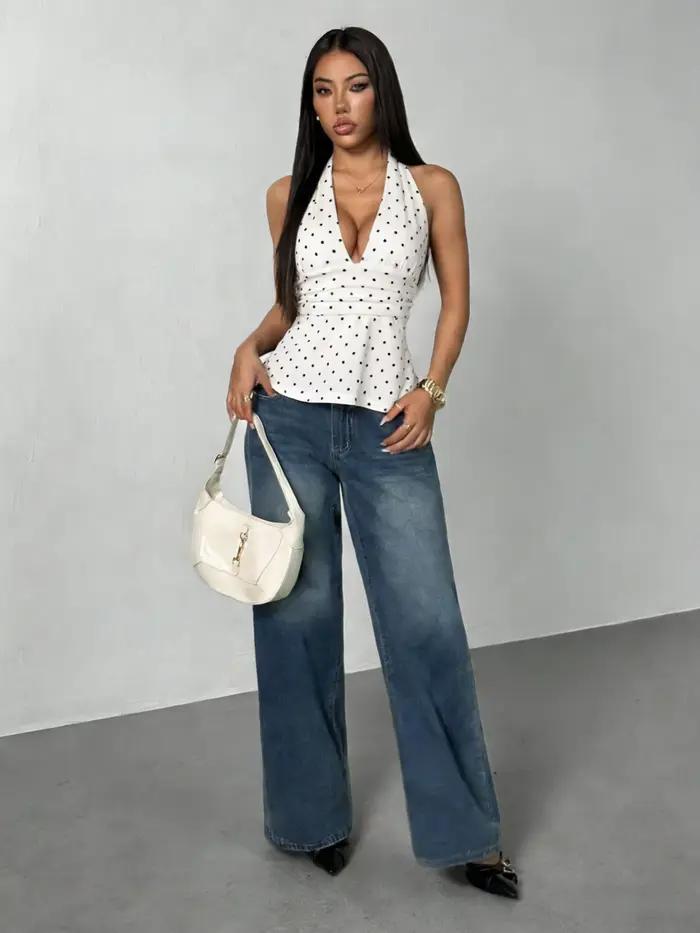 Haut halter à pois pour femme style streetwear été dos nu à nouer élégant pour les occasions spéciales