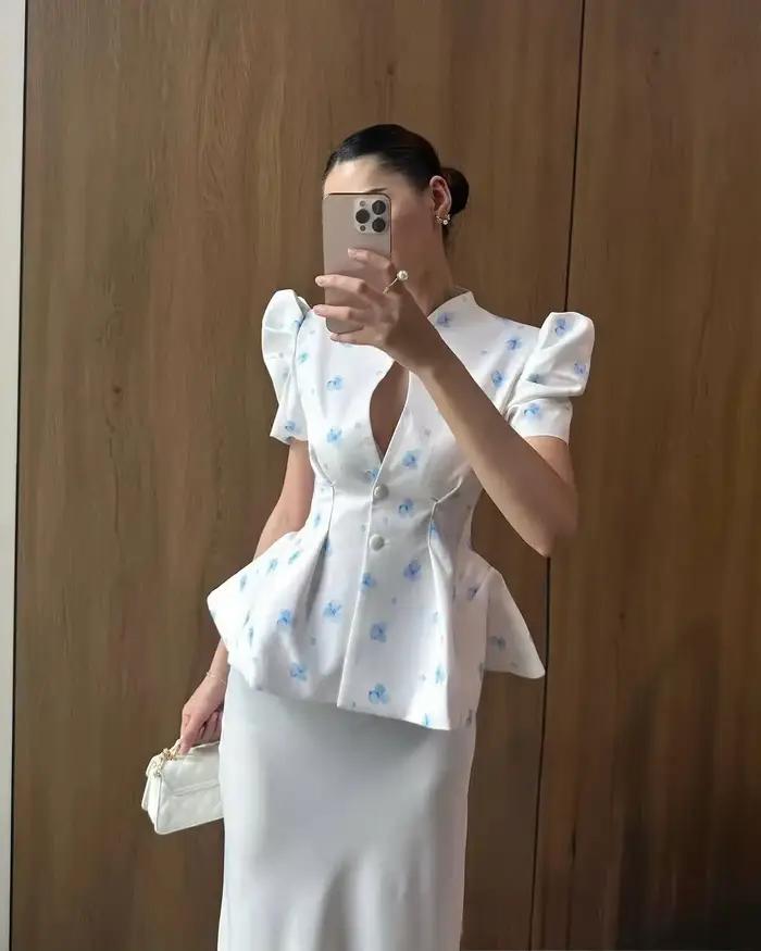 Haut peplum floral blanc pour femme