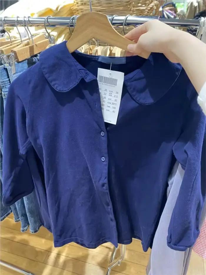 Bleu marine bouton BabyDoll hauts femmes coton décontracté col rabattu demi manches T-shirts femme Y2K doux mignon